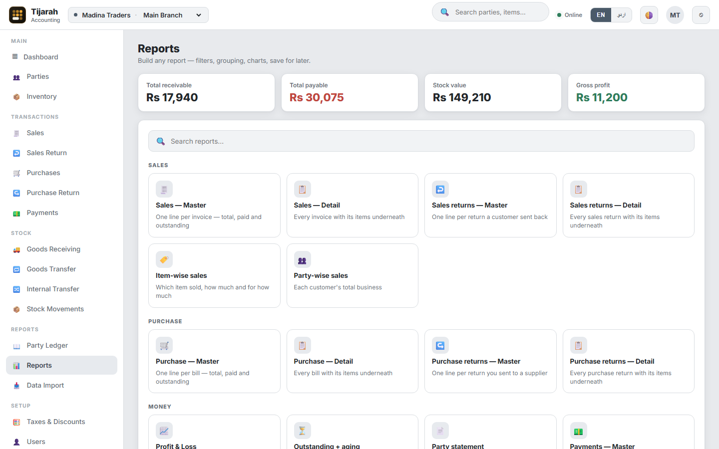 Reports gallery grouped into sales, purchase and money reports