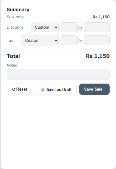 Invoice summary with subtotal, discount, tax and total